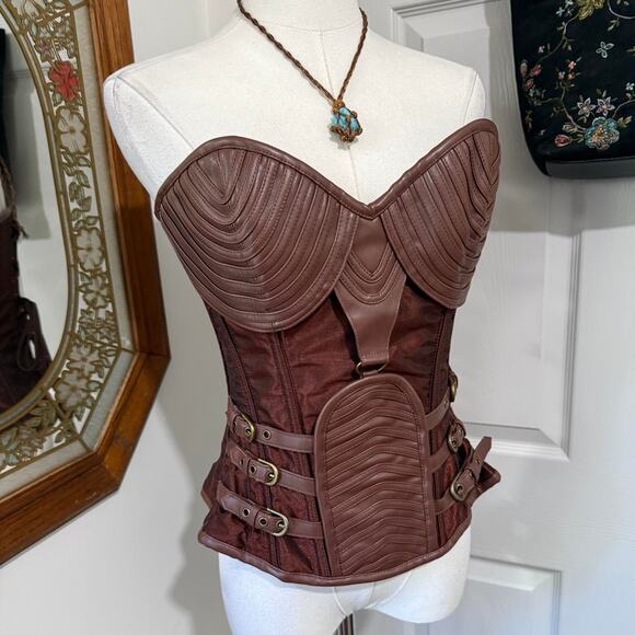 Charmian Metallic Brown & Faux Leather Steampunk Strapless Costume Corset Top - Picture 2 of 8